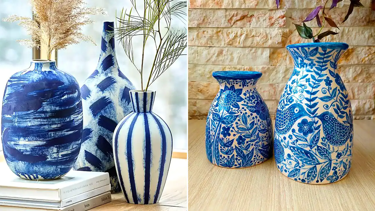 گلدان سرامیکی آبی سفید