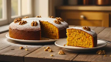 تصویر کیک هویج و گردو – برش کیک هویج با بافت نارنجی و گردوهای درون کیک