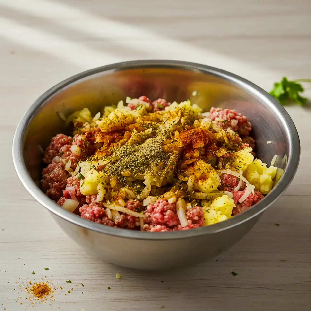 مایه کتلت خانگی قبل از سرخ کردن – مخلوط گوشت، سیب زمینی، پیاز و ادویه برای طرز تهیه کتلت