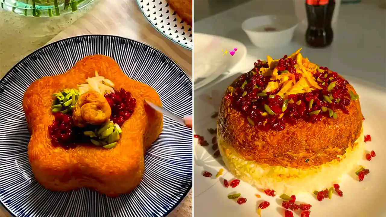 ته چین با مرغ ریش ریش