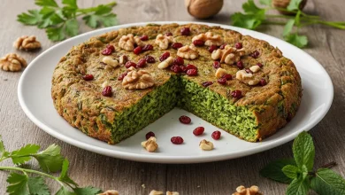 طرز تهیه کوکو سبزی پف‌دار با گردو و زرشک روی بشقاب سفید