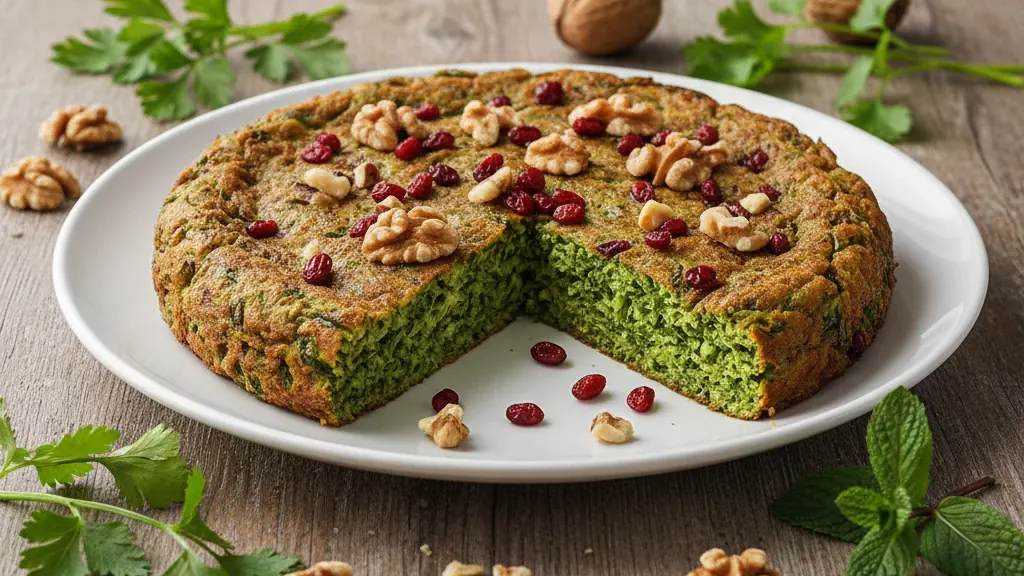 طرز تهیه کوکو سبزی پف‌دار با گردو و زرشک روی بشقاب سفید