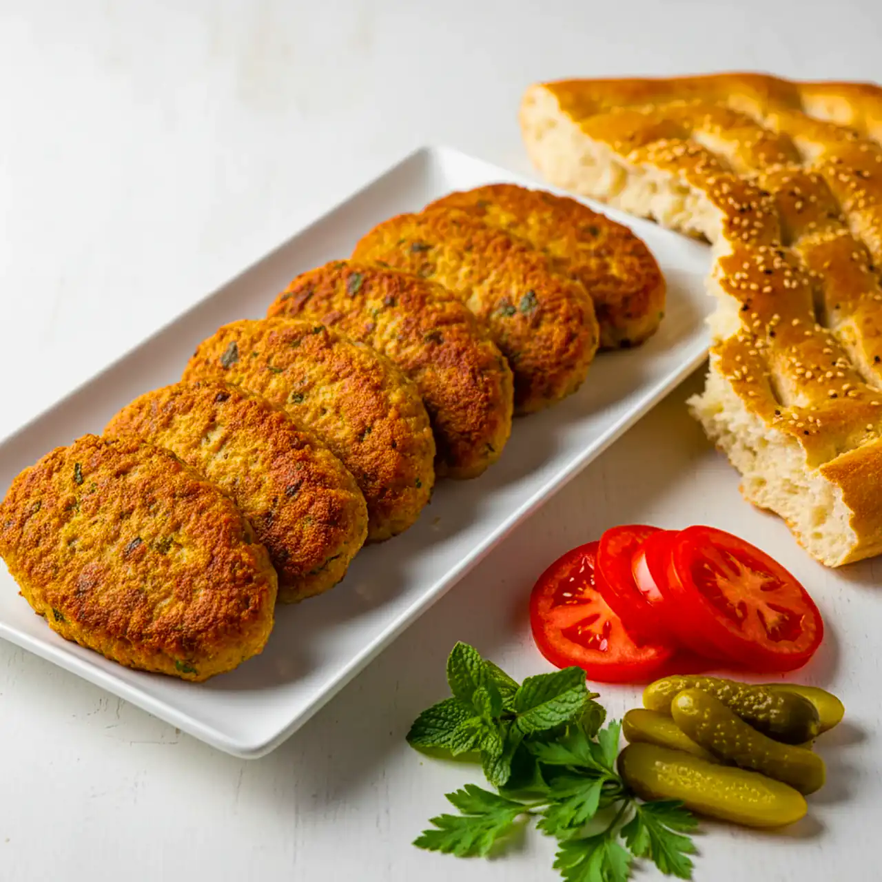 کتلت خانگی طلایی شده در بشقاب سفید همراه با نان و سبزی