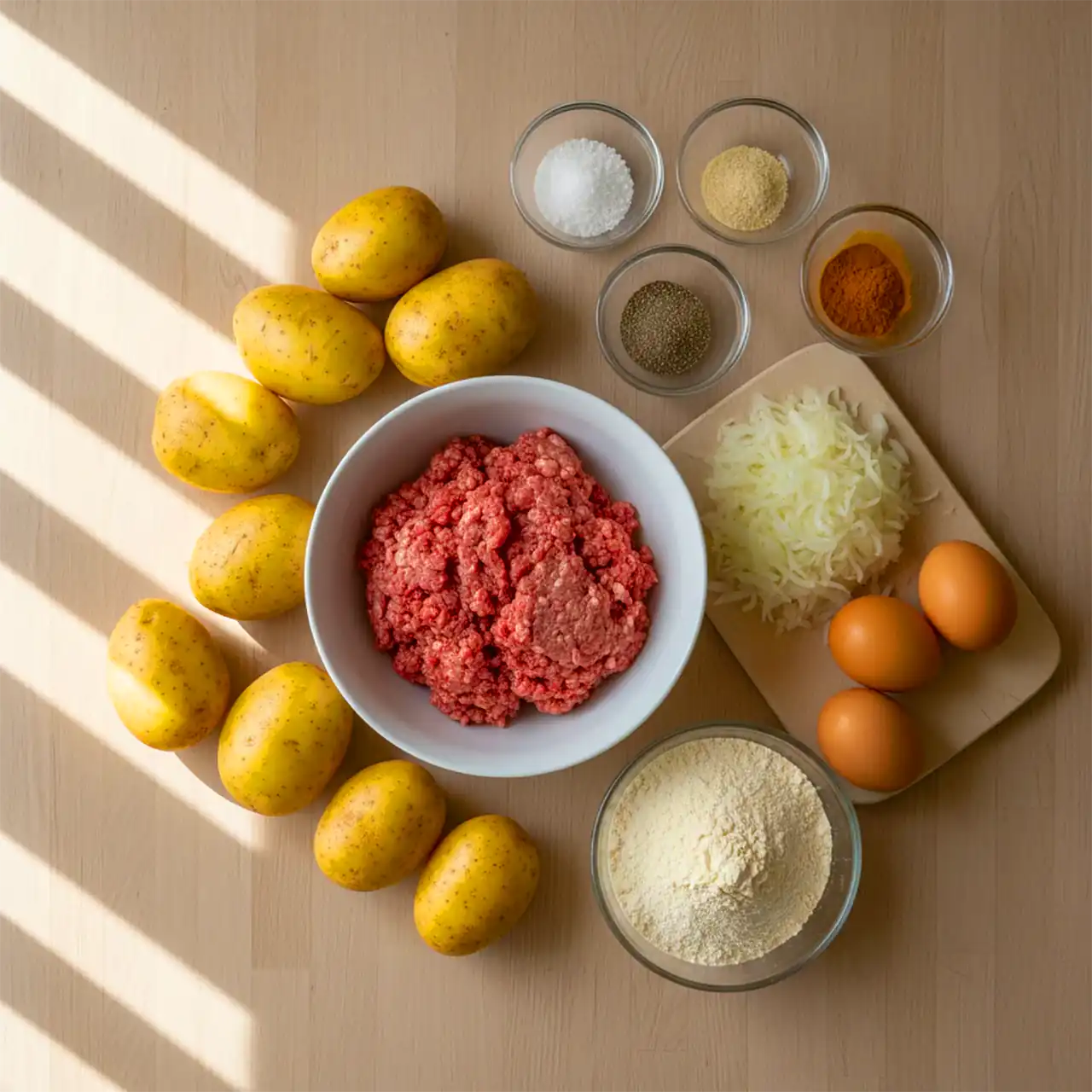  گوشت چرخ کرده، سیب زمینی، پیاز و ادویه برای طرز تهیه کتلت خانگی