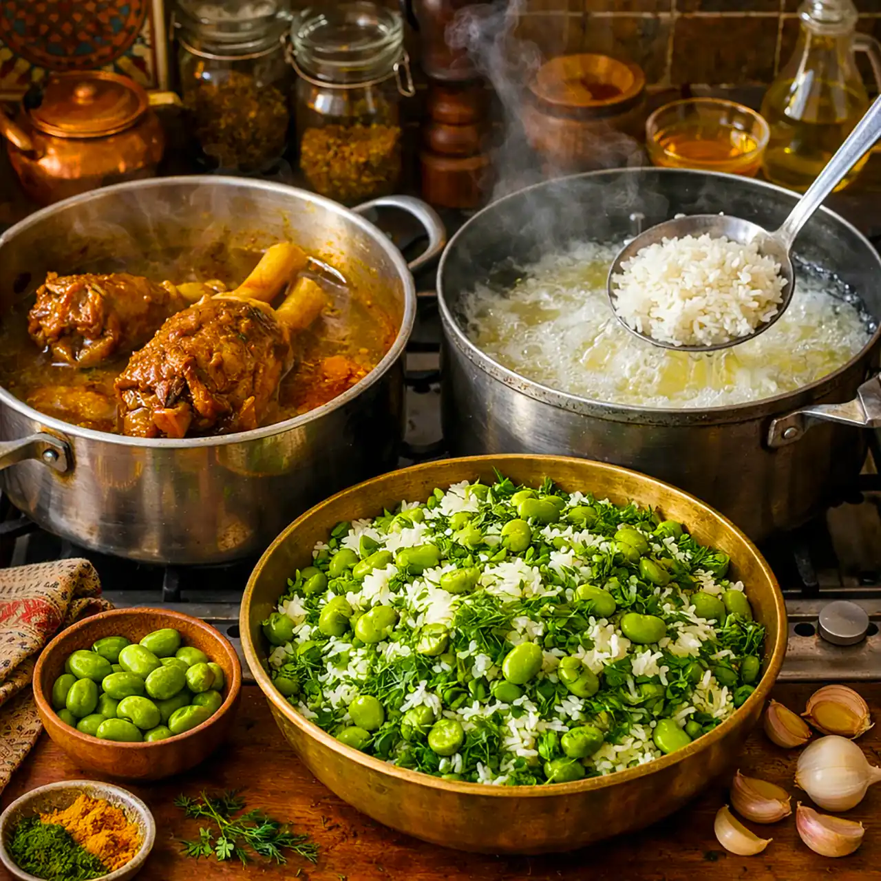  مراحل پخت باقالی پلو با ماهیچه در خانه